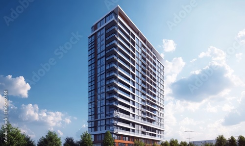 Modern high-rise apartment building against a blue sky.