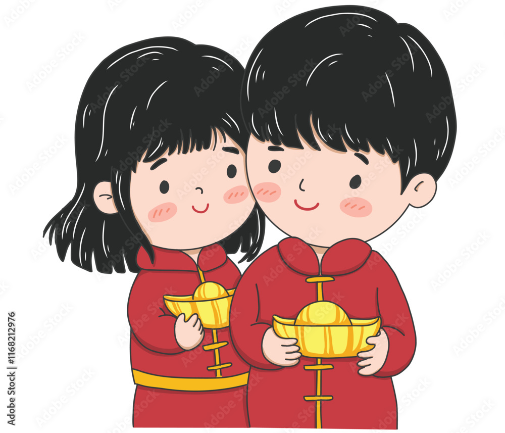 Chinese new year vector illustration on white background.Cute Children Holding Gold Ingots Illustration. Chinese new year vector illustration on white background.Cute Children Holding Gold Ingots Illustration.