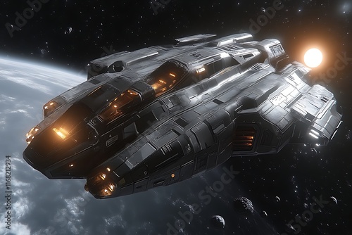 Wallpaper Mural Futuristic spaceship orbiting a planet. Torontodigital.ca