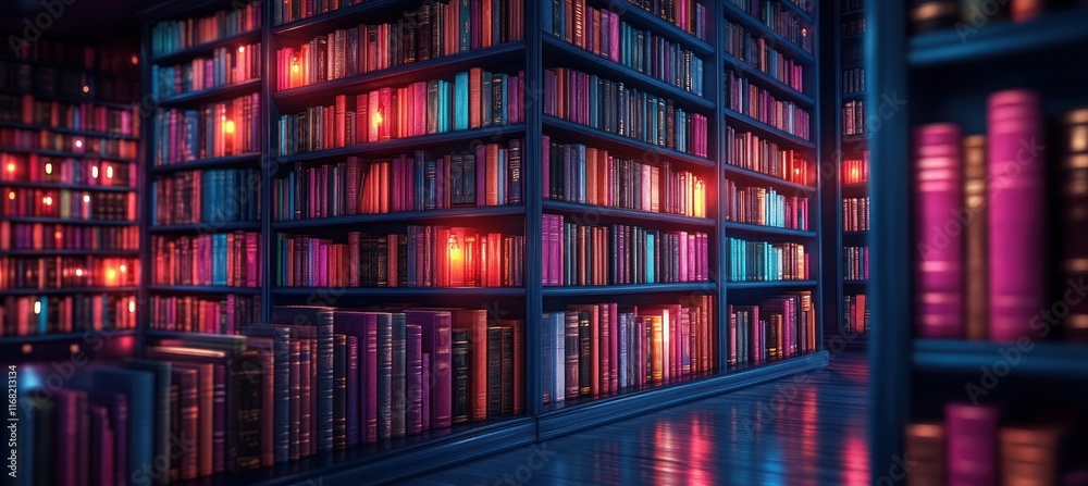 Cozy Library Scene with Colorful Books on Blue Shelves in a Warm Atmosphere Cozy Library Scene with Colorful Books on Blue Shelves in a Warm Atmosphere