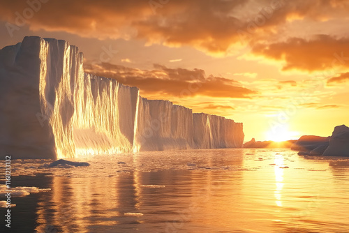 Landscape of Iceberg and water glacier cover by white snow with sky orange sunlight during evening. Highlighting majestic ice formations and serene atmosphere. Melting and pouring water into sea. photo