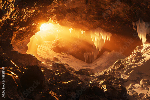 Landscape golden sunlight shines in cave Iceberg and water glacier cover by white snow with sky orange sunlight during evening. Highlighting majestic ice formations and serene atmosphere.  photo