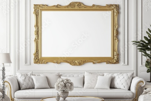 Large gold ornate frame above white sofa in classic room. photo