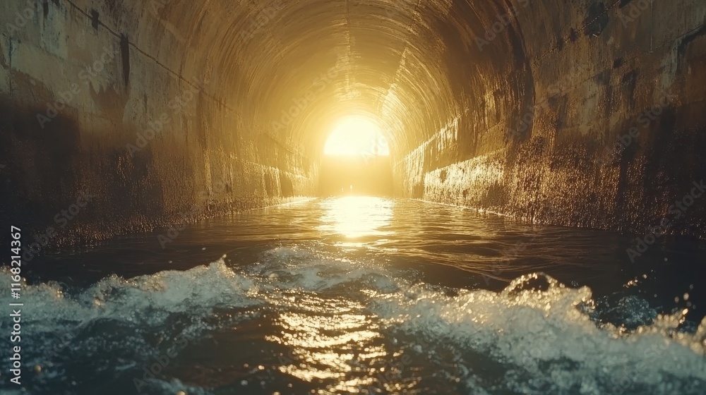 Naklejka premium Light Shining Through Tunnel with Water Reflection