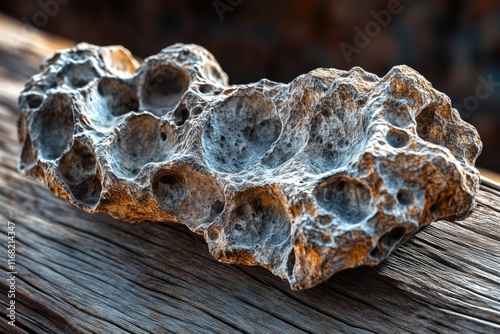 A porous, grey and brown rock with numerous cavities rests on weathered wood.
