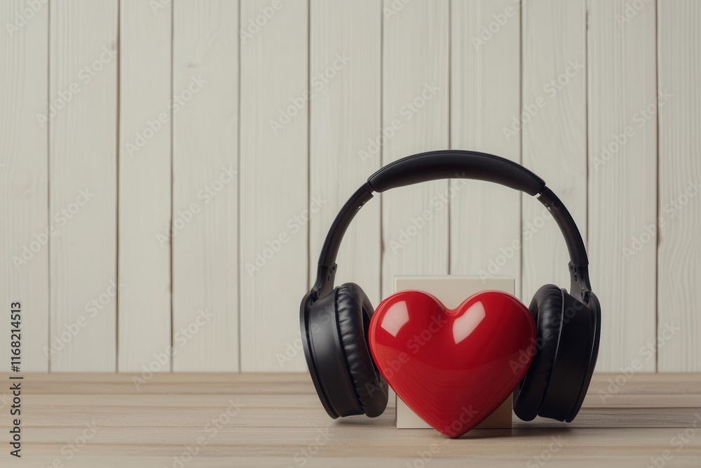Black Headphones Resting on a Red Heart Against a Wooden Background