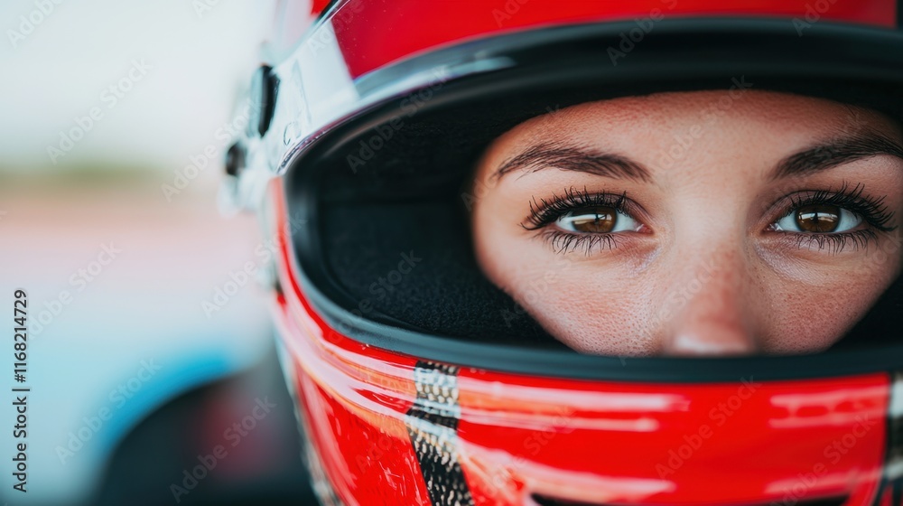 Close-Up of Female Racer in Helmet with Intense Eyes Focused Close-Up of Female Racer in Helmet with Intense Eyes Focused