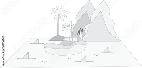 Illustration of a businessman sailing on a paper boat with 2025 waving flag while scouting for business opportunities using a telescope, business opportunities, happy new year 2025