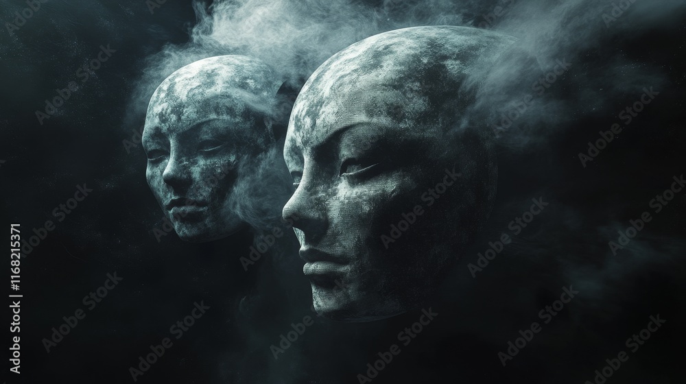 Mystery of Masks: Surreal Abstract Composition in Dark Void Mystery of Masks: Surreal Abstract Composition in Dark Void