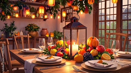 A vibrant table setting with a glowing lantern, fresh fruits, and hanging decor, set in a cozy, warm atmosphere with colorful lighting.