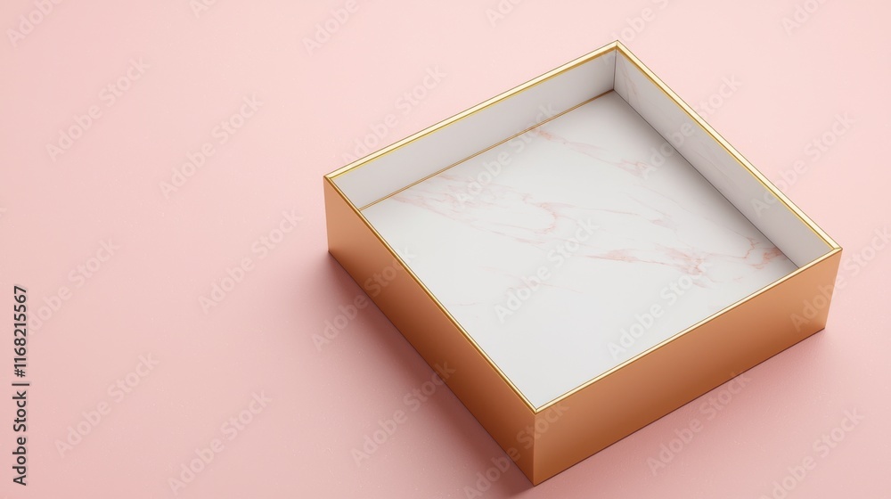 Fototapeta premium Closeup view of a modern minimalist gift box with gold metallic accents resting on a smooth marble surface The simple elegant design creates a high end luxurious look ideal for product displays