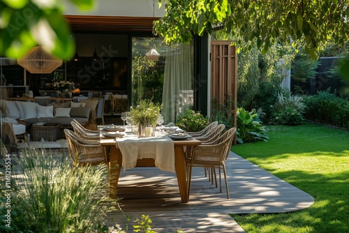 Luxurious modern home exterior featuring dining area and lush garden view