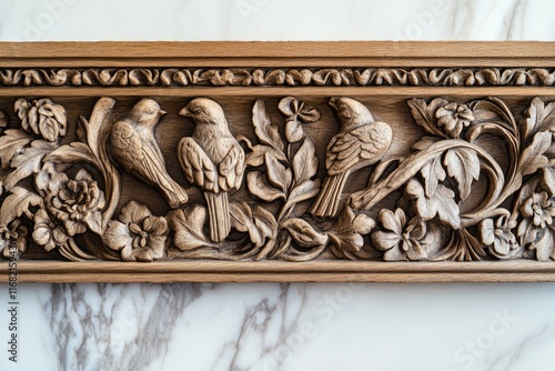 Intricate wood carving featuring birds and floral motifs, a decorative piece of art. photo