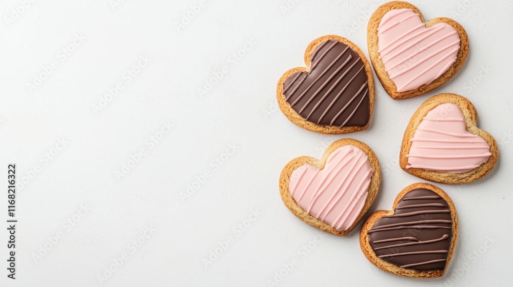 Fototapeta premium Delectable chocolate dipped heart shaped cookies with a beautiful pink drizzle perfect for celebrating Valentine s Day with a sweet and indulgent treat