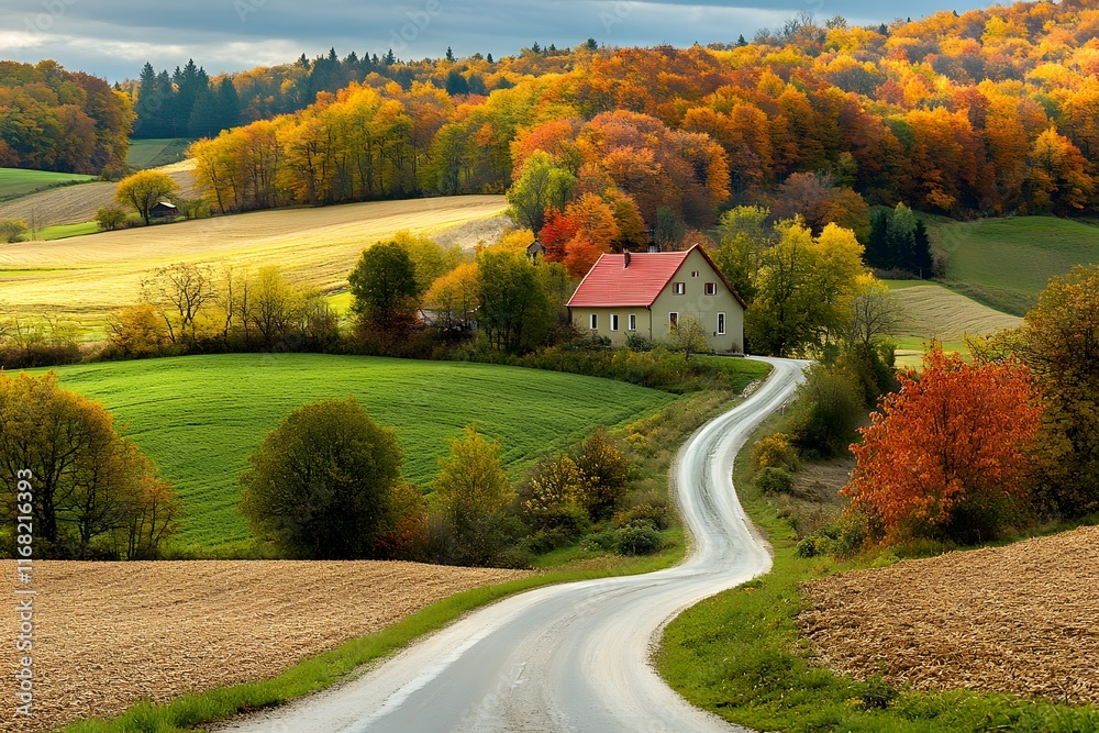 Fototapeta premium Autumn Road with Farm House
