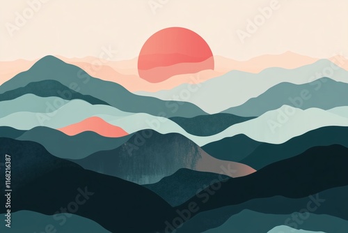 Mid century mountain landscape art print with nature theme, abstract wall decor background