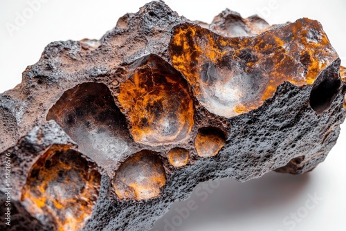 A close-up view of a dark, porous rock with patches of vibrant orange, possibly a meteorite or volcanic rock. photo