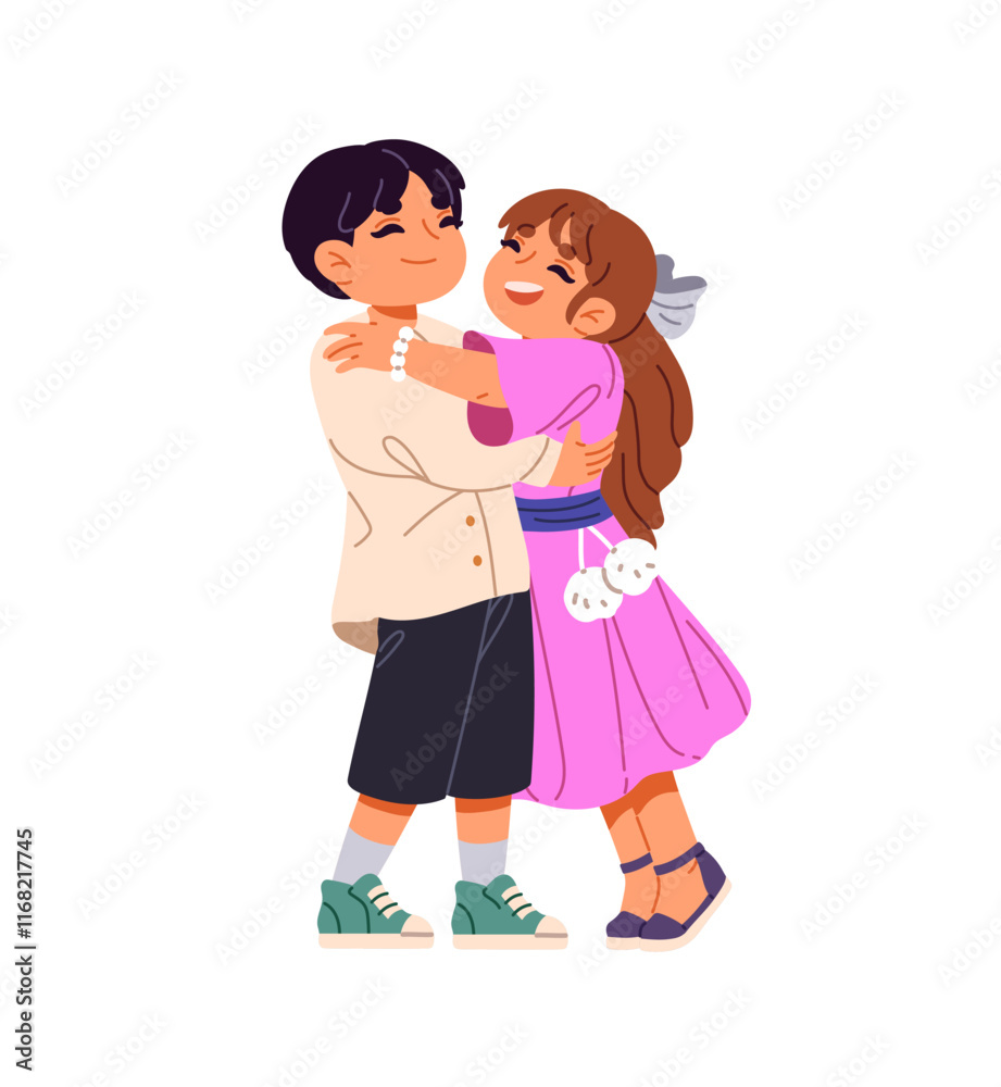 Happy brother and sister warm hug together. Cute kids friends rejoice, cuddle. Funny children support, little sibling love each other, embrace. Flat isolated vector illustration on white background Happy brother and sister warm hug together. Cute kids friends rejoice, cuddle. Funny children support, little sibling love each other, embrace. Flat isolated vector illustration on white background