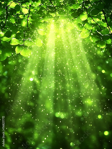 Sunbeams filtering through lush green leaves.