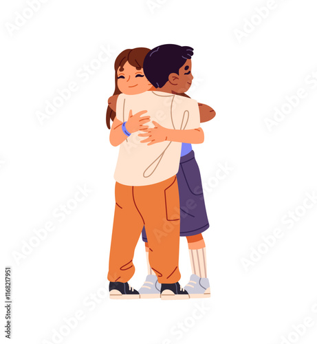 Happy girl and boy hug together. Cute kids cuddle to support. Little friends rejoice. Children love each other, embrace. International friendship. Flat isolated vector illustration on white background