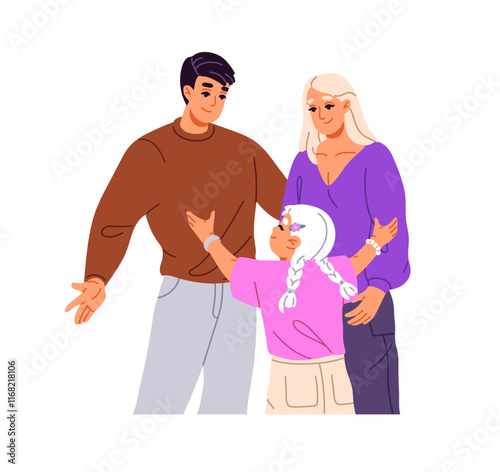 Happy family loves, cuddles together. Parents spread hands to hug their cute kid. Mother, father and child embrace, rejoice, support each other. Flat isolated vector illustration on white background