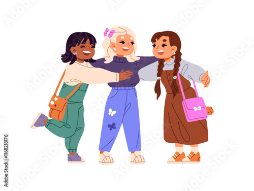 Happy little girls greeting, hug together. Cute kids embrace, glad to see, welcoming. Children friends cuddle, support. International friendship. Flat isolated vector illustration on white background
