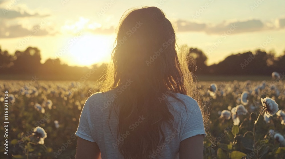 Young Woman in White Shirt Gazing at Sunset Over Cotton Field Landscape Young Woman in White Shirt Gazing at Sunset Over Cotton Field Landscape