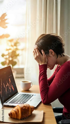 An emotional woman sits at her desk holding her head in despair while looking at a declining stock market graph, symbolizing neurology, ocd, schizophrenia, and anxiety depression treatment