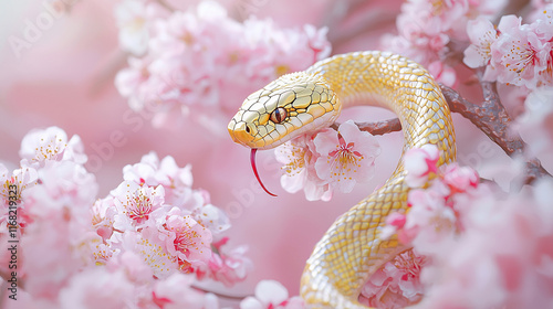 Golden Snake in Cherry Blos...