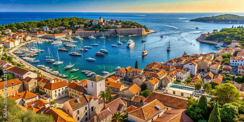 Fototapeta premium Aerial View of Hvar Town Harbour & Marina, Adriatic Coast, Croatia - Summer Landscape