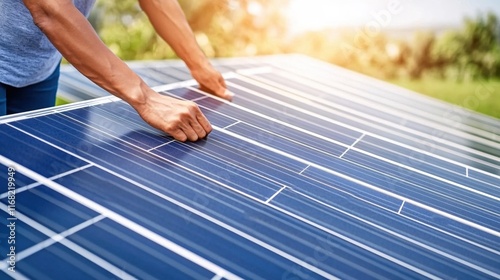 Close-Up of Hands Installing Solar Panels on Sustainable Eco-Friendly Roof System