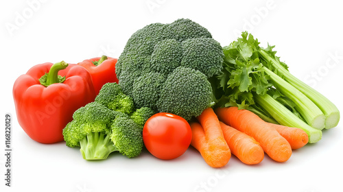 Fresh vegetables carrots, broccoli, bell pepper, celery, and tomato on white background. Healthy eating concept, perfect for recipe websites or food blogs. photo