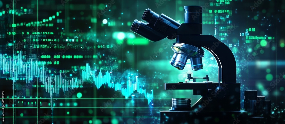 Fototapeta premium Microscope with digital data background.