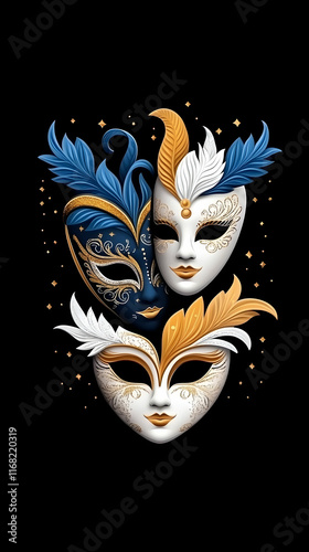 Three elegant Venetian masks, gold and blue, dark background; ideal for masquerade, theatre, or festival promotion. photo