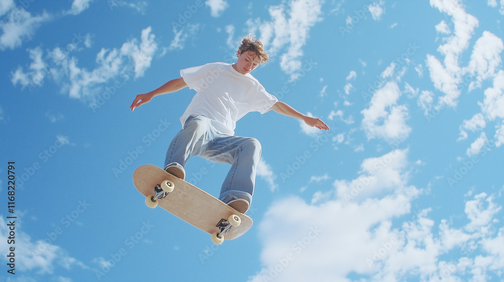 Skateboarding Through the Clouds: A young man soars through the air on a skateboard, defying gravity against a backdrop of a vibrant blue sky and fluffy white clouds.