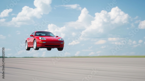 Red sports car in flight: A...