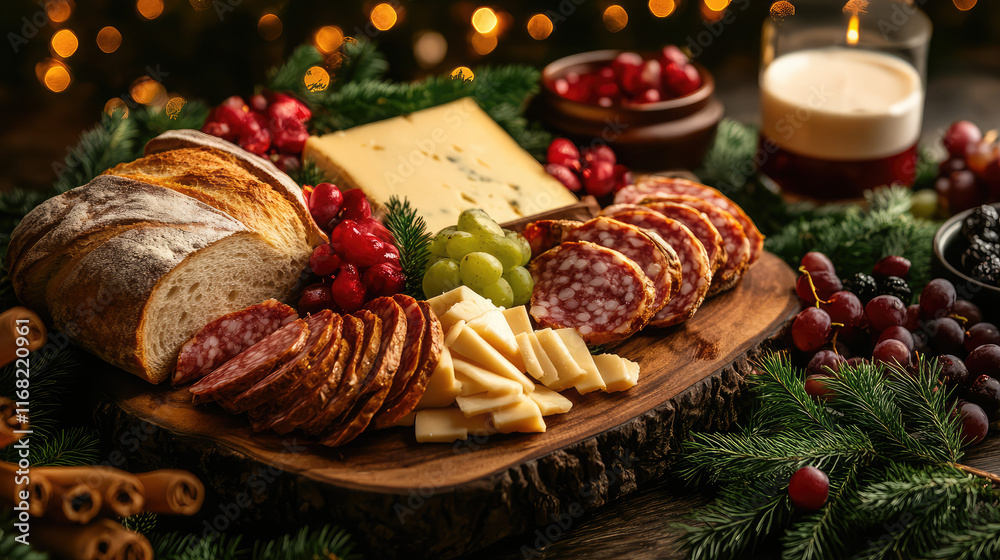 A wooden platter with a variety of meats and cheeses, including salami, grapes A wooden platter with a variety of meats and cheeses, including salami, grapes