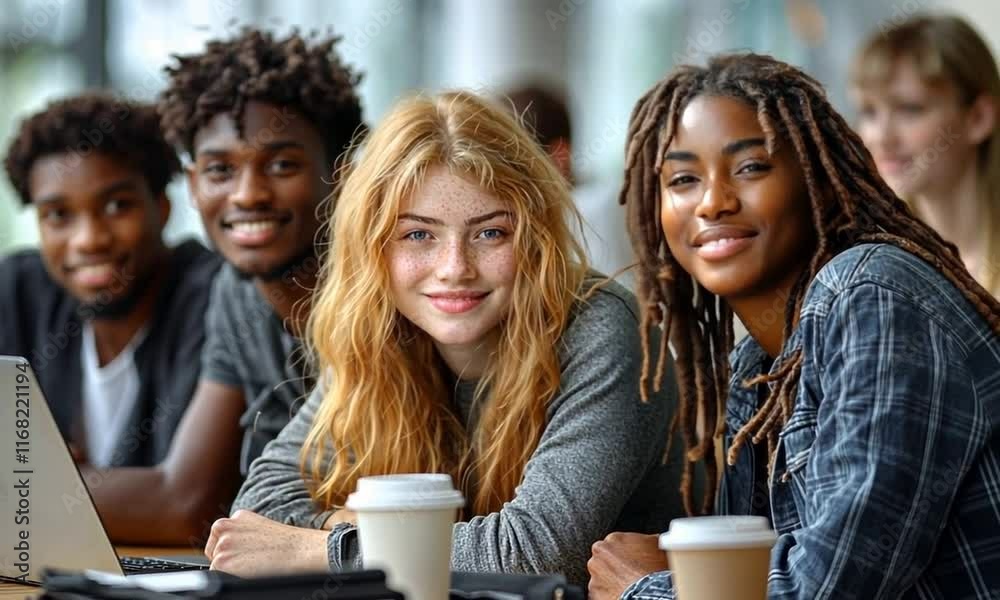 Diverse group of young adults smiling together at a cafe table Diverse group of young adults smiling together at a cafe table