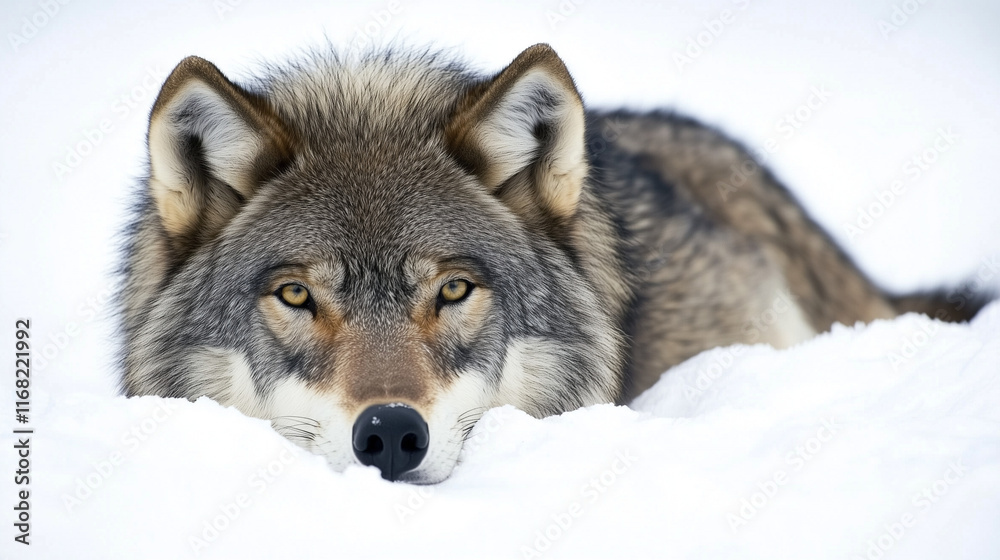 Obraz premium A gray wolf lying on snow, gazing intently forward on a white background