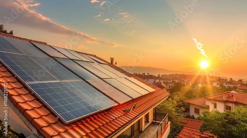 A photo collage of red-tiled houses with solar panels glowing under the golden sunset, a serene sky behind, symbolizing sustainability and renewable energy photo