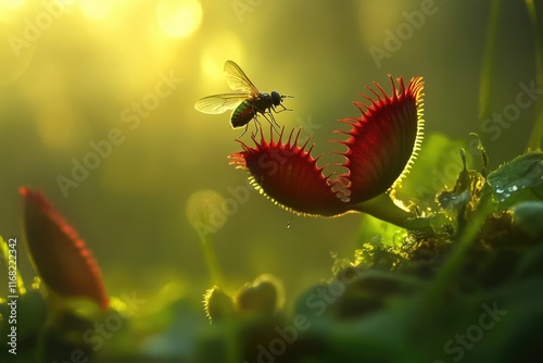 A fly approaches a Venus flytrap in the golden sunlight, a captivating moment of nature's drama.
