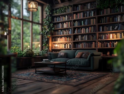Cozy home library with blurred background of bookcases and comfortable seating 