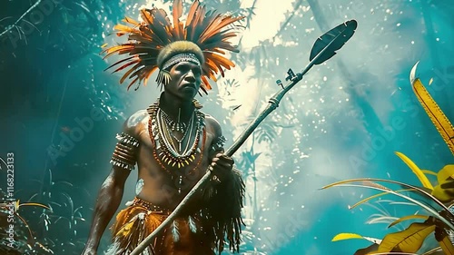 Warrior of the Emerald Forest: A portrait of a tribal warrior, adorned in vibrant headdress and traditional attire, stands resolute amidst the lush greenery of a mystical rainforest.