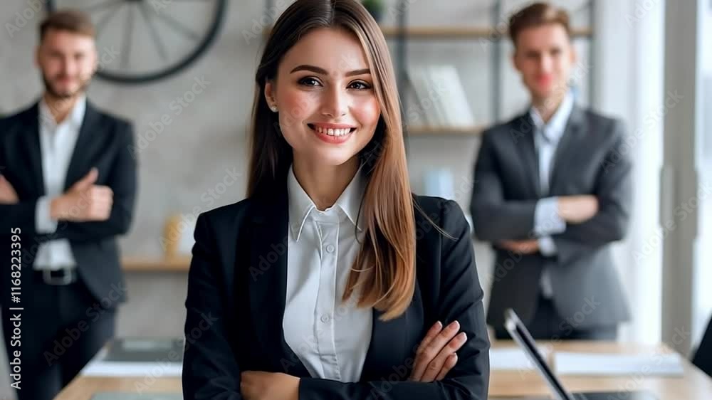 Confident Leader: A successful businesswoman stands confidently in the forefront of her team, exuding professionalism and leadership. The image showcases a sense of power and determination. Confident Leader: A successful businesswoman stands confidently in the forefront of her team, exuding professionalism and leadership. The image showcases a sense of power and determination.