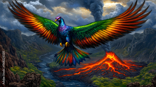 Colorful Phoenix Flying Near Active Volcano Amidst Scenic Mountain View photo