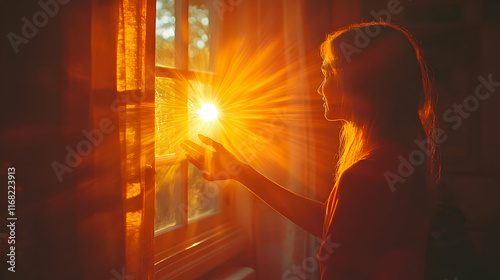 Woman Reaches For Golden Sunset Light Through Window