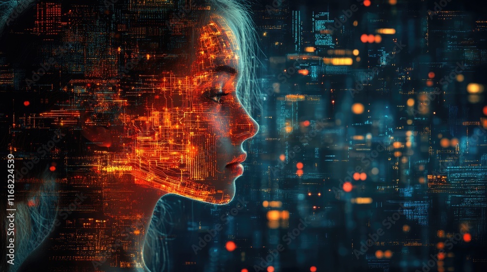 Abstract digital representation of a human face illustrating concepts of artificial intelligence big data and cybersecurity through 3D rendering. Abstract digital representation of a human face illustrating concepts of artificial intelligence big data and cybersecurity through 3D rendering.