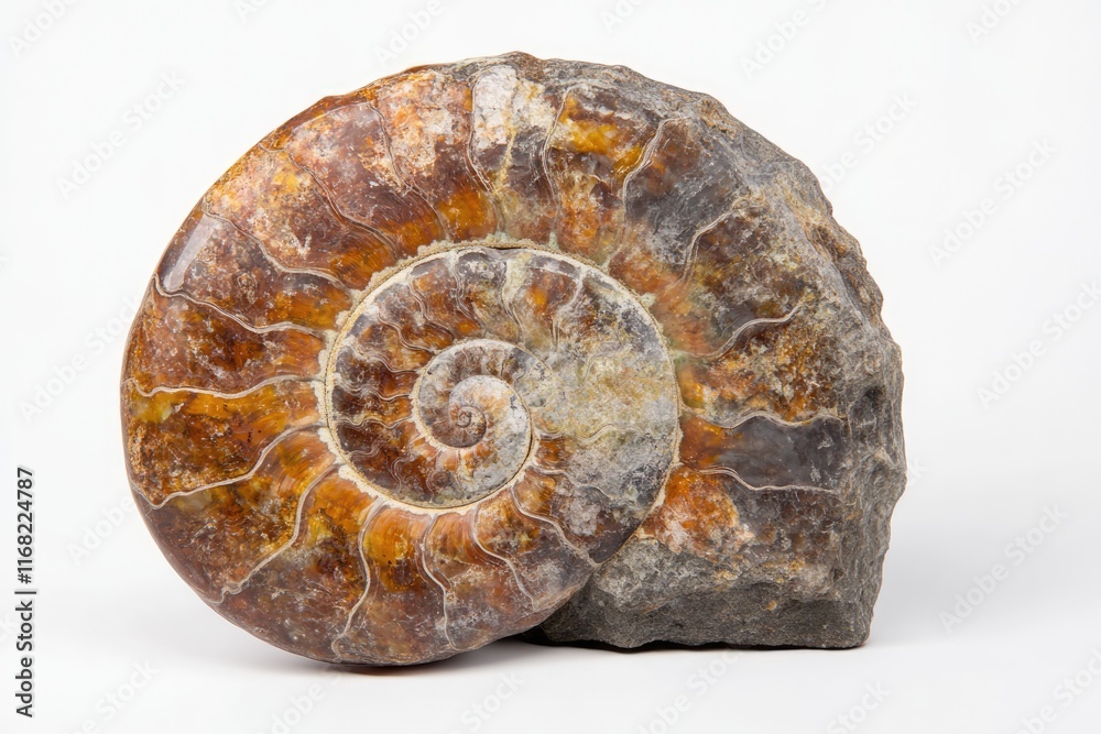 A mesmerizing ammonite fossil, showcasing its intricate spiral shell preserved in stone. A mesmerizing ammonite fossil, showcasing its intricate spiral shell preserved in stone.