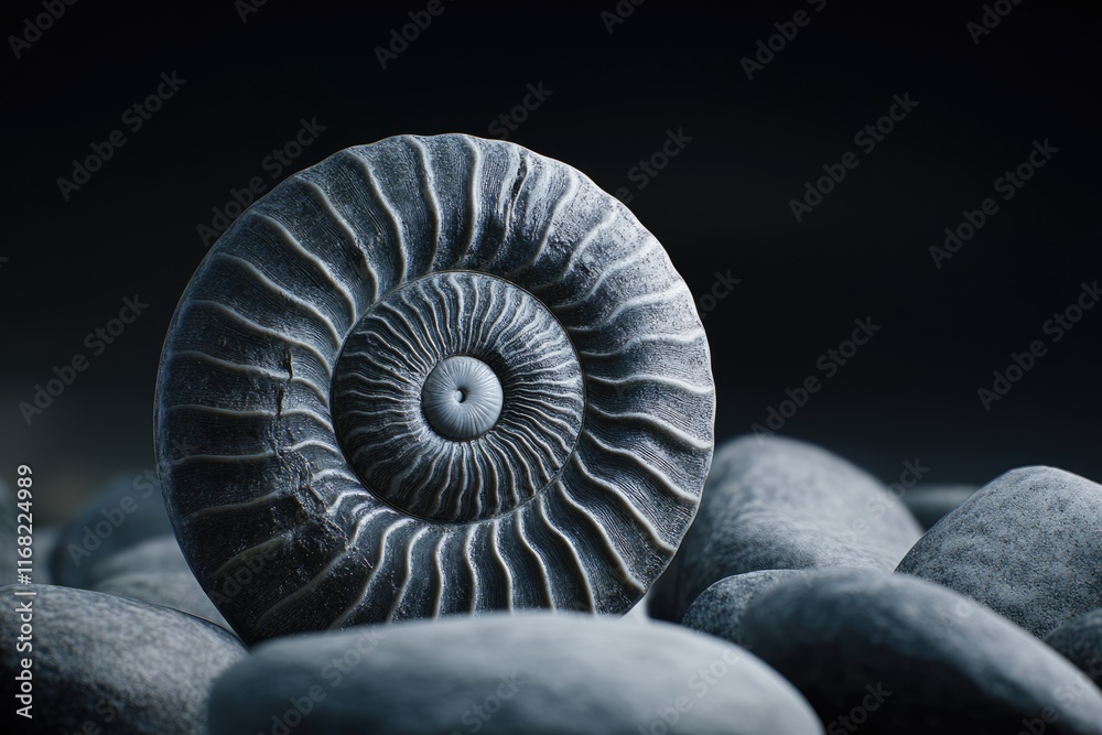 Obraz premium A mesmerizing ammonite fossil, showcasing its intricate spiral structure, rests on smooth dark stones.