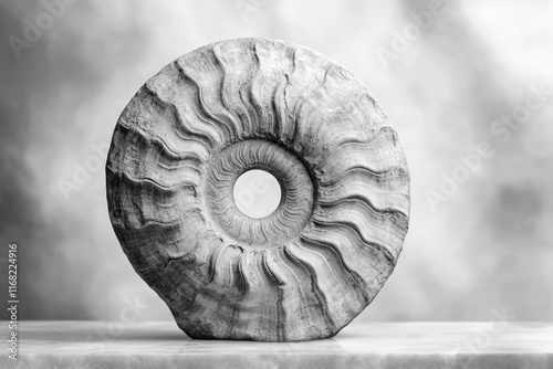 A grayscale image of a fossilized ammonite, showcasing its intricate spiral structure and ancient texture.